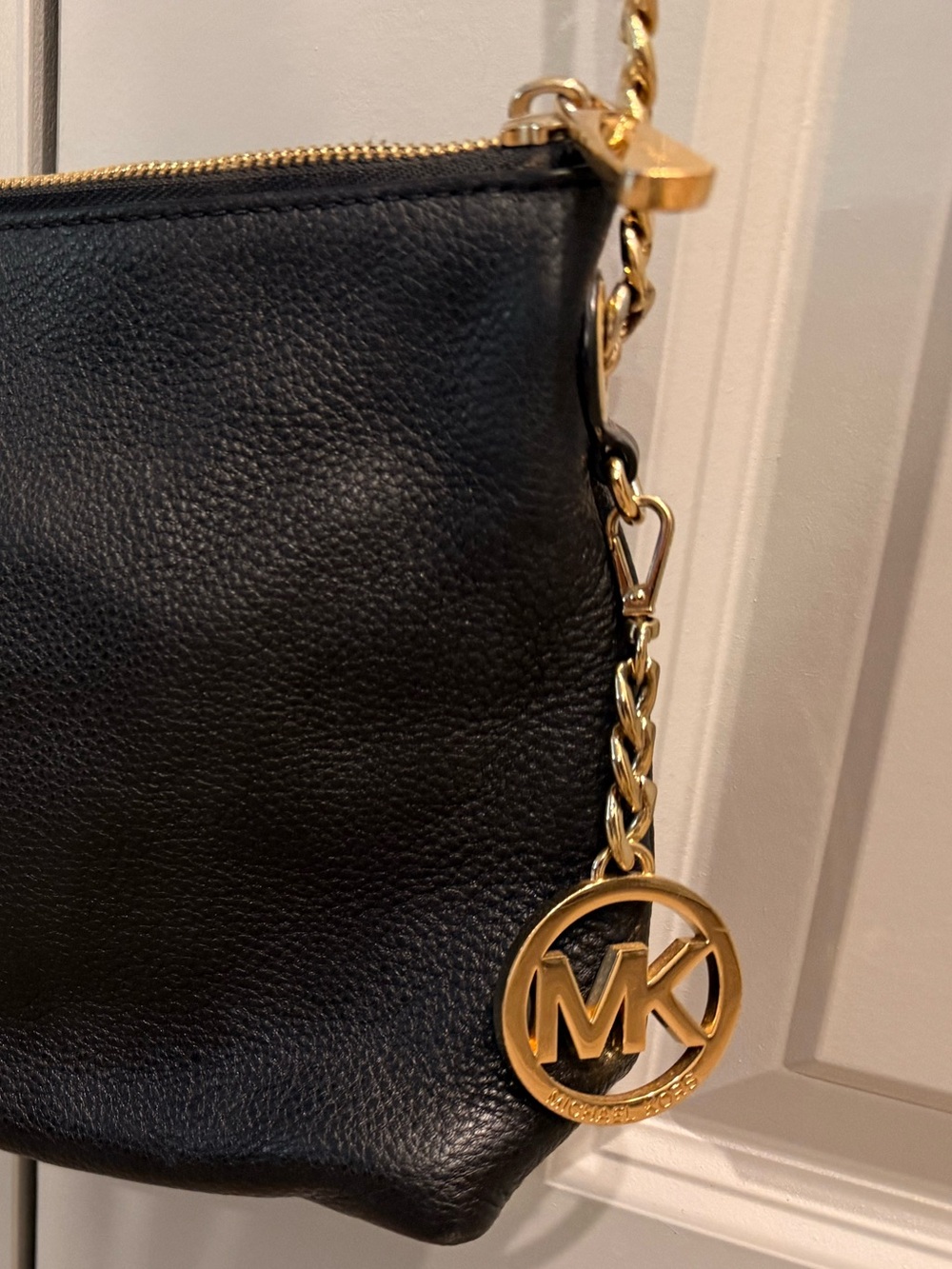 Michael Kors Black Leather Crossbody with Gold Chain Accents